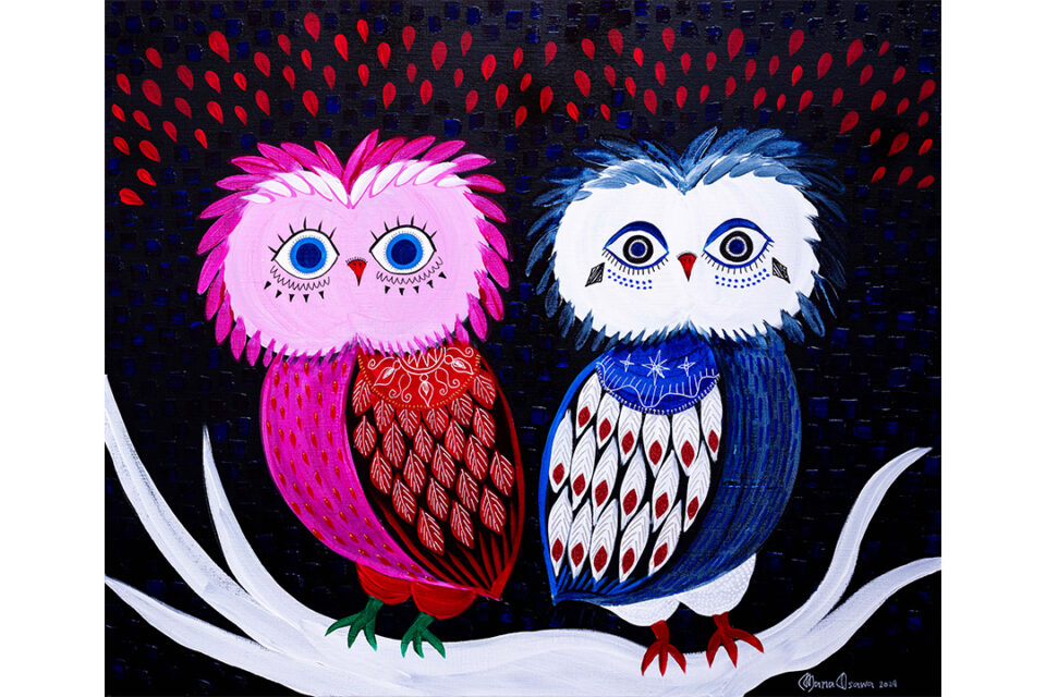 大沢愛 個展「Rouge et Noir」の"Owl Athens & Zeus"