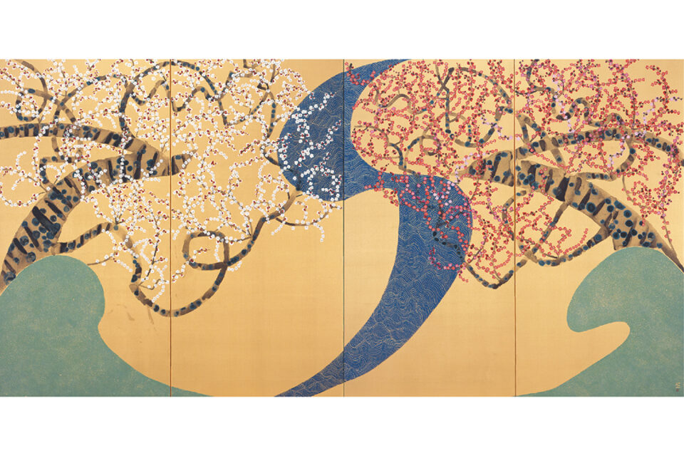 平松礼二　《双梅図》　2001年 169.5×340.0 　成川美術館蔵